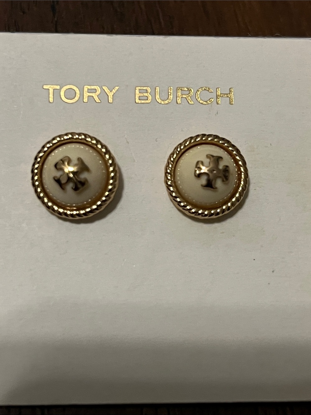 Tory Burch Gold and Cream Round Logo Button Earrings